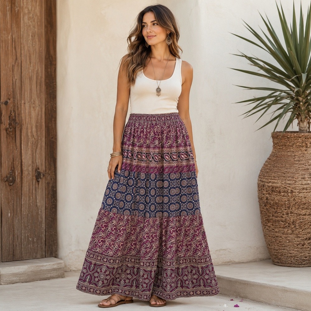 VTG Passports Of Pier 1 Multicolor Tiered Maxi Skirt Medium Boho Festival